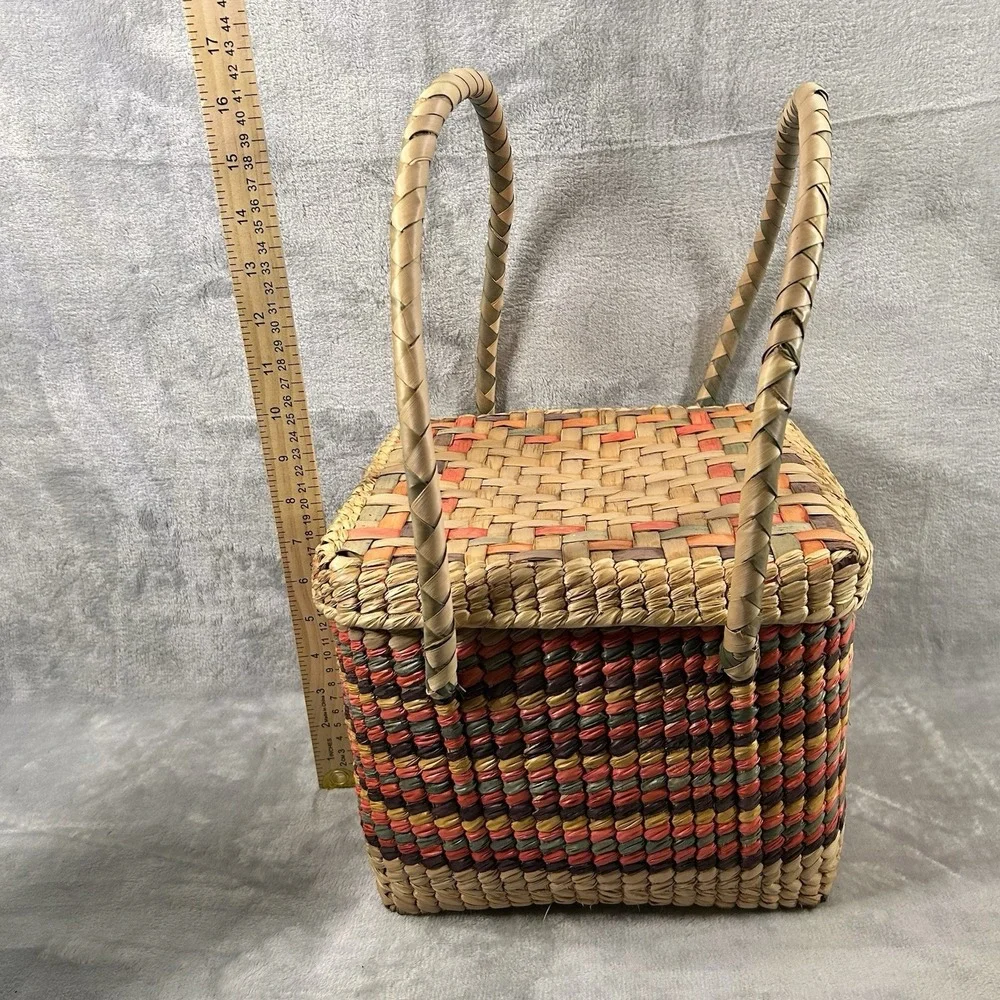 Mexican Square Basket W/‎ Handles & Lid, Colorful Woven Straw Boho Picnic Beach